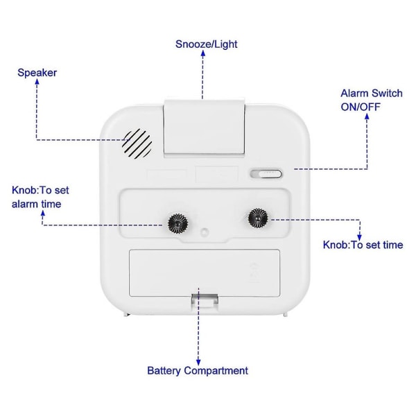 Liten batteridriven analog väckarklocka Tyst, ej tickande Vit white