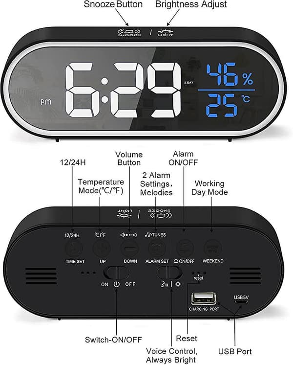 Digital väckarklocka Stor led luftfuktighet temperatur display, acsergery USB null none