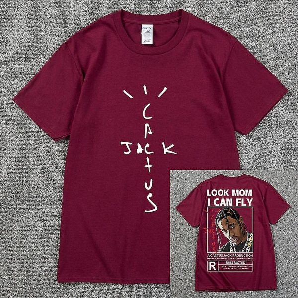 Mode Hip Hop Herr Tshirt Tour Kortärmad Cactus Jack Print Kanye West Basic Par Lös Kortärmad T-shirt Wine Red 2 L