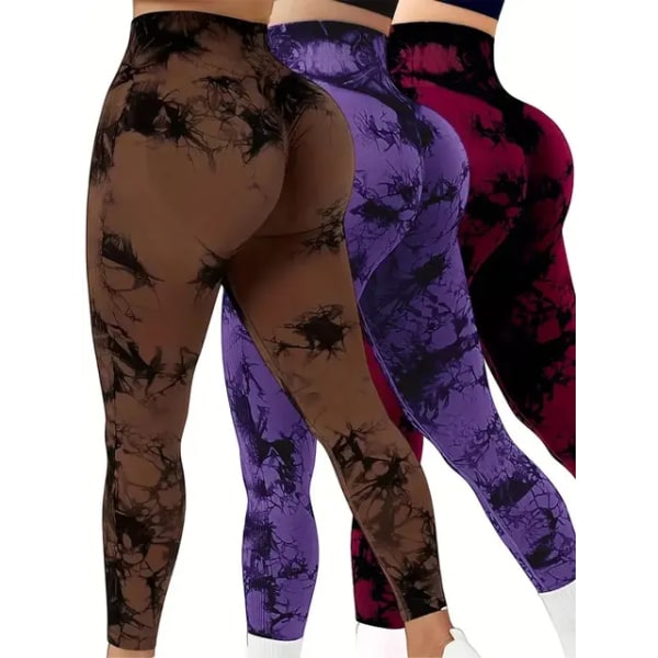 Kvinnors 3-delade Tie-Dye Hip Lift Yoga Byxor Träning Högmidjade veckade Fitness Byxor Brown purplish red M