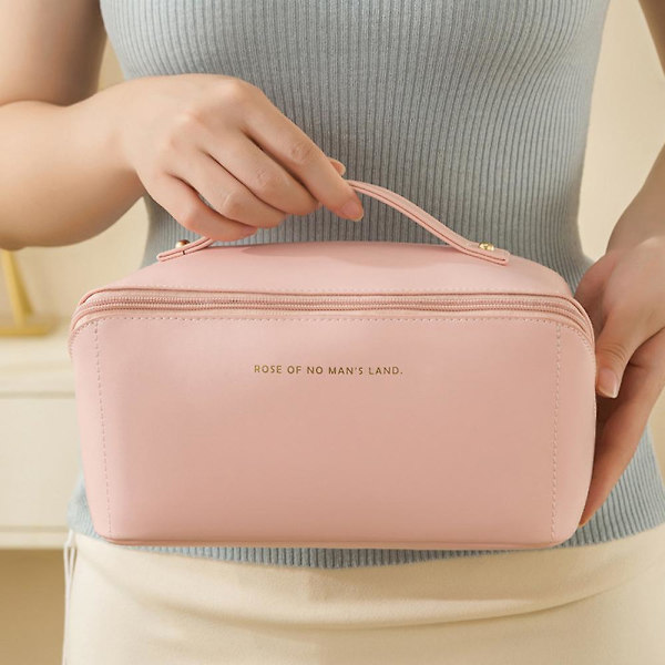 Tvådelat set (kuddväska + borstväska) Kosmetikväska Pu Läder kosmetikaväska Resehandväska pink