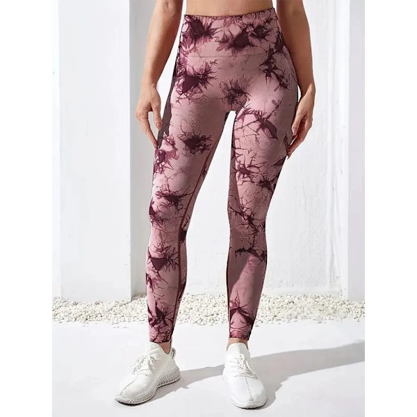 Kvinnors 3-delade Tie-Dye Hip Lift Yoga Byxor Träning Högmidjade veckade Fitness Byxor Brown purplish red S
