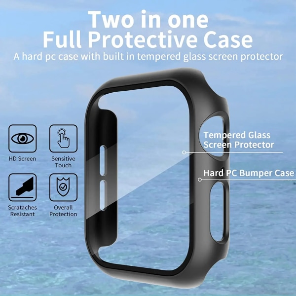 Lämplig för äpplen Tempered Glass+ Cover för Apple Watch 9 8 7 45mm 41mm PC Bumper Skärmskydd Case iWatch Series 7 6 5 4 SE2 44mm 40mm 1 white silver 41MM(Series7 8 9)