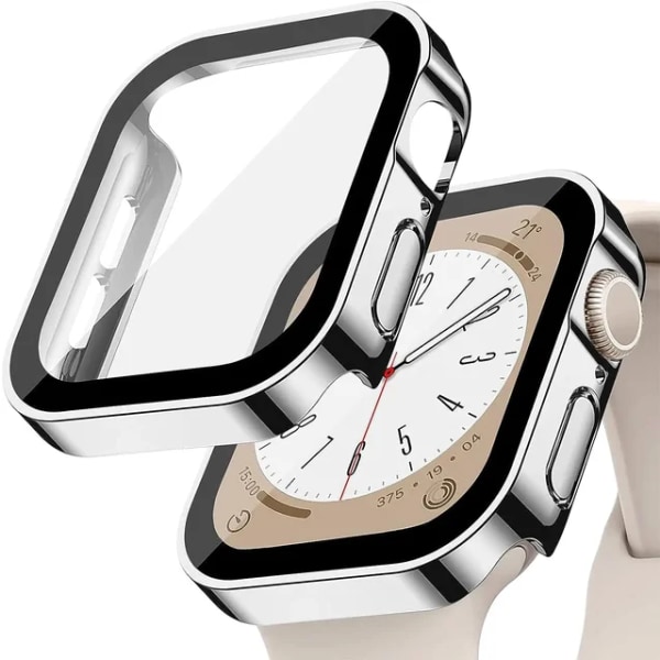 Lämplig för äpplen Tempered Glass+ Cover för Apple Watch 9 8 7 45mm 41mm PC Bumper Skärmskydd Case iWatch Series 7 6 5 4 SE2 44mm 40mm Plating 5 silver 40MM(Series 456SE)