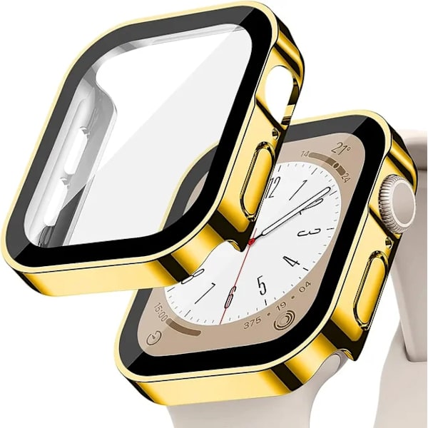 Lämplig för äpplen Tempered Glass+ Cover för Apple Watch 9 8 7 45mm 41mm PC Bumper Skärmskydd Case iWatch Series 7 6 5 4 SE2 44mm 40mm Plating 7 gold 41MM(Series7 8 9)