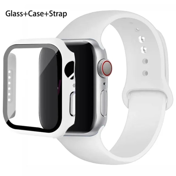 Lämplig för äpplen Glas+ Case+ Rem För Apple Watch band 44mm 45mm 42mm 41mm 40mm 38mm Silikonarmband iWatch-serien 8 9 7 6 5 9 White 44mm series 654 se