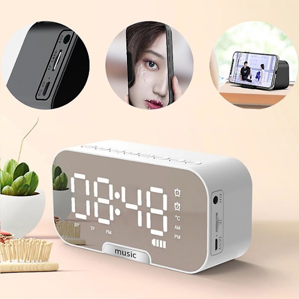 Trådlös Bluetooth högtalare Spegelklocka Miniväckarklocka Vit white