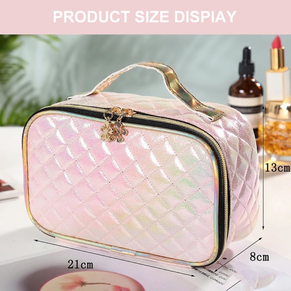 Laserläder diamantpläterad kosmetisk väska, bärbar kosmetisk väska, Pu-material pink