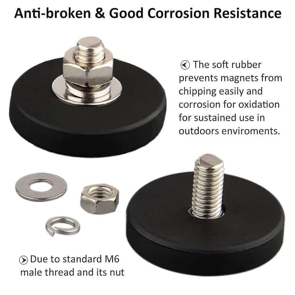 4-pack Repskyddande Neodymmagneter med Gummibeläggning och M6 Hankontakt, Superstark Magnetisk Montering för Belysning
