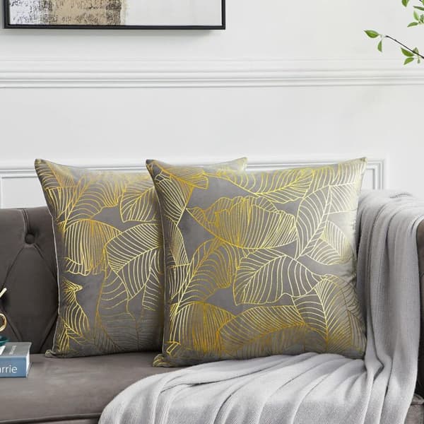 Kuddfodral 45 x 45 cm sammet guldlöv kuddfodral grå dekorativt kuddfodral prydnadskudde för soffa sovrum vardagsrum set om 2