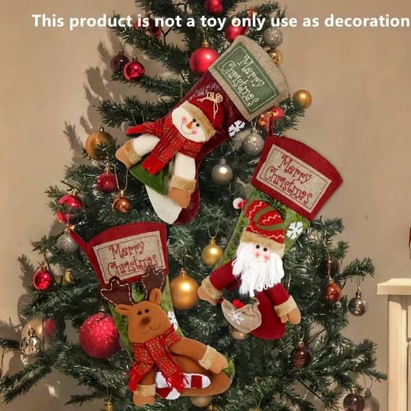 Klassiska julstrumpor 3-pack, broderade hängande ornament i polyester juldekorationer