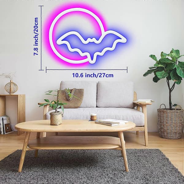 Måne och Fladdermus LED Neonskylt, USB/Batteri Vägglampa Barn Present Jul Röd