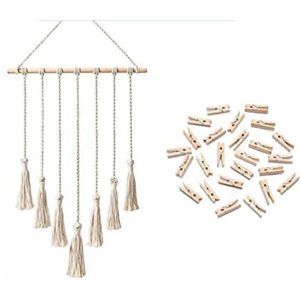 Tavla Hängande Makramé Display Väggkonst Boho Chic Inredning Heminredning för Lägenhet Sovrum Vardagsrum Galleri med 25st Träklämmor MODOU