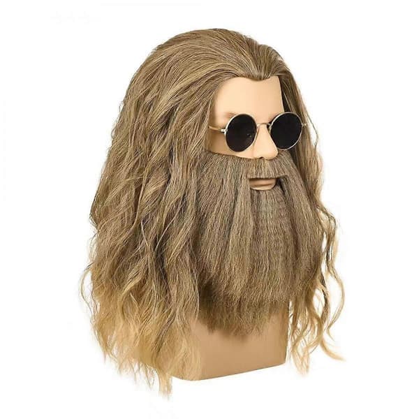 Peruk med skägg, herr, lång lockig askblond peruk, Halloween-kostymperuker