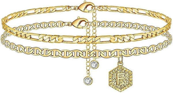 Initial Anklets för Kvinnor, 14K Guldpläterade Dubbla Lager Initial Anklets Smycken för Kvinnor Tonåringar F -