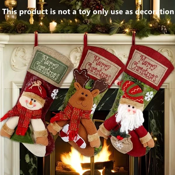 Klassiska julstrumpor 3-pack, broderade hängande ornament i polyester juldekorationer