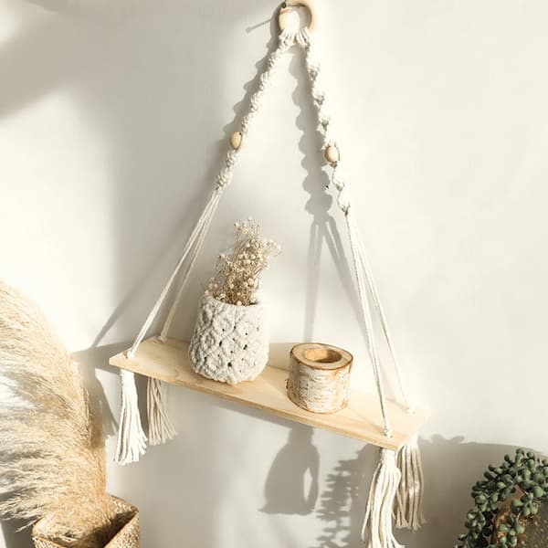 Boho vägghylla, väggdekoration med tofsar träpärlor, väggfäste för sovrum, balkong