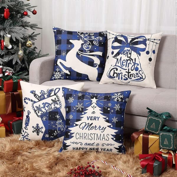 Jul Dekorativa Örngott 4-pack, Julgransstrumpor Ren Heminredning Linne Kuddfodral Julhelger, 45 cm Blå