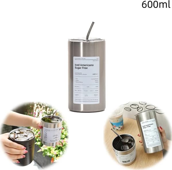 600 ml kaffekopp med sugrör, rostfri mugg, rostfria iskaffe-koppar för kontor, hem (silver)