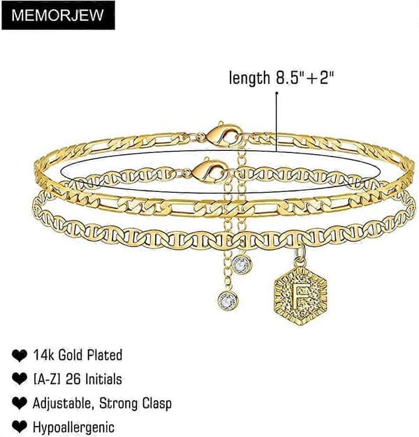 Initial Anklets för Kvinnor, 14K Guldpläterade Dubbla Lager Initial Anklets Smycken för Kvinnor Tonåringar F -