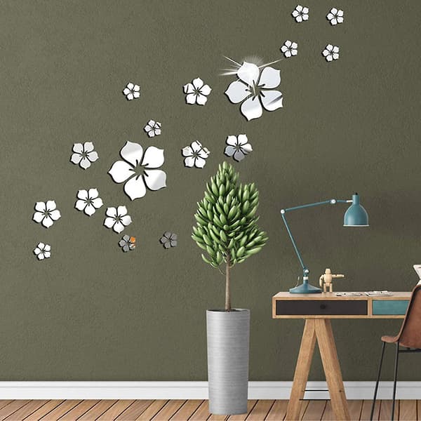 Akryl Cirkel Spegel Väggdekaler (Silver Blomma 18st)