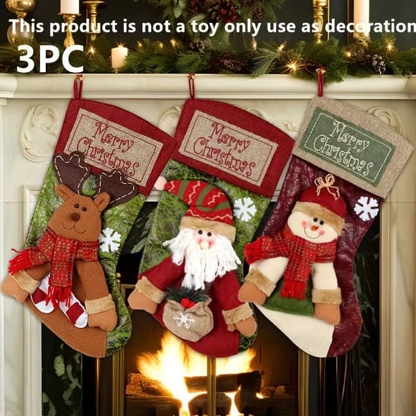 Klassiska julstrumpor 3-pack, broderade hängande ornament i polyester juldekorationer