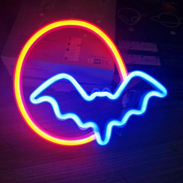 Måne och Fladdermus LED Neonskylt, USB/Batteri Vägglampa Barn Present Jul Röd