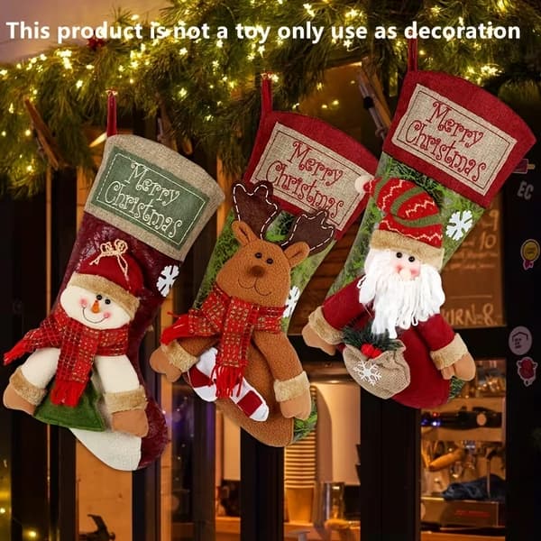 Klassiska julstrumpor 3-pack, broderade hängande ornament i polyester juldekorationer