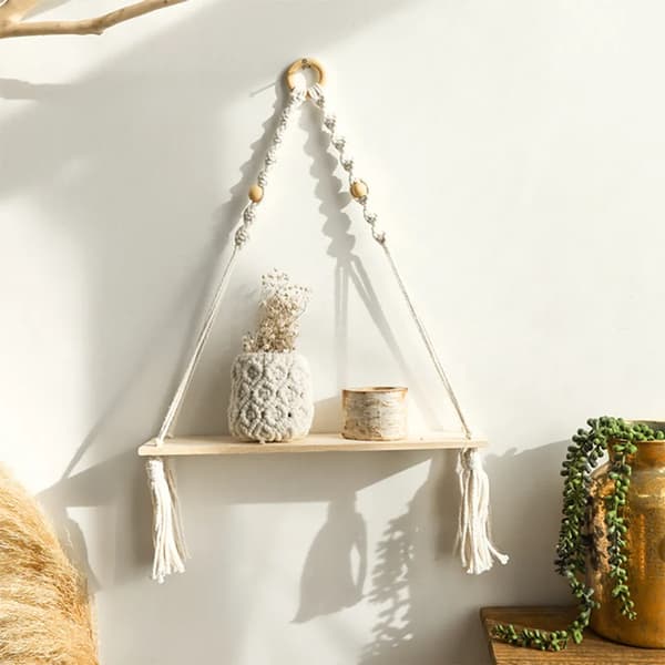 Boho vägghylla, väggdekoration med tofsar träpärlor, väggfäste för sovrum, balkong