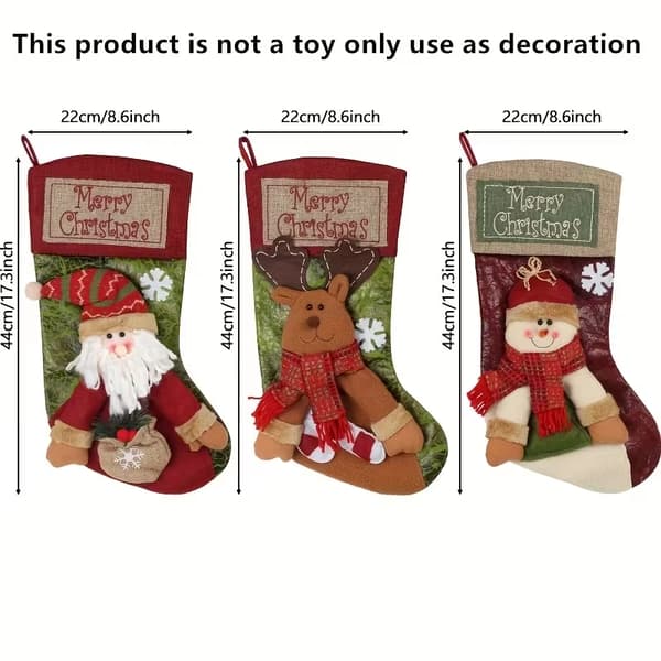 Klassiska julstrumpor 3-pack, broderade hängande ornament i polyester juldekorationer