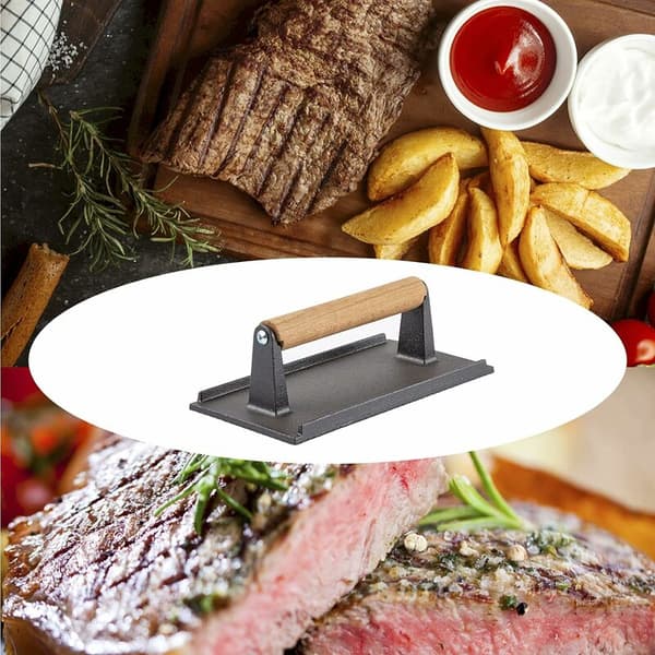 Gjutjärns baconpress, grillpress, biff- och baconburgerpress, köttpress, hamburgerkvarn, rektangulära köttgrilltillbehör