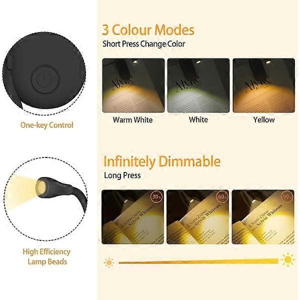 Book light, rechargeable clip-on reading light, adjustable brightness