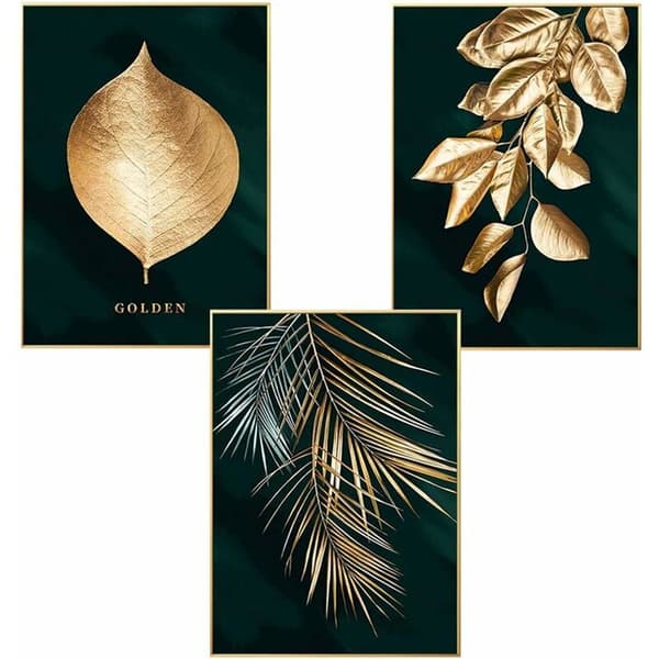 Set med 3 Forest Gold Leaf Palm Tree Mönster Design Väggposters Oinramad Väggdekor för Vardagsrum (Ram ingår ej)