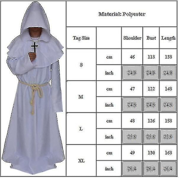 Voksen Munk Hættekappe Kappe Friar Middelalderpræst kostume White XL