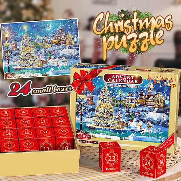 Juleadventskalender puslespil 1008 stk, 24 dages adventskalender 2023 julepuslespil, julegave til børn Y D