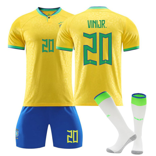 Qatar 2022 fotbolls-VM Brasilien Hemma Vini Jr #20 Tröja Samba Fotboll herr T-shirts Set Barn Ungdomar V Adult S（165-170cm）