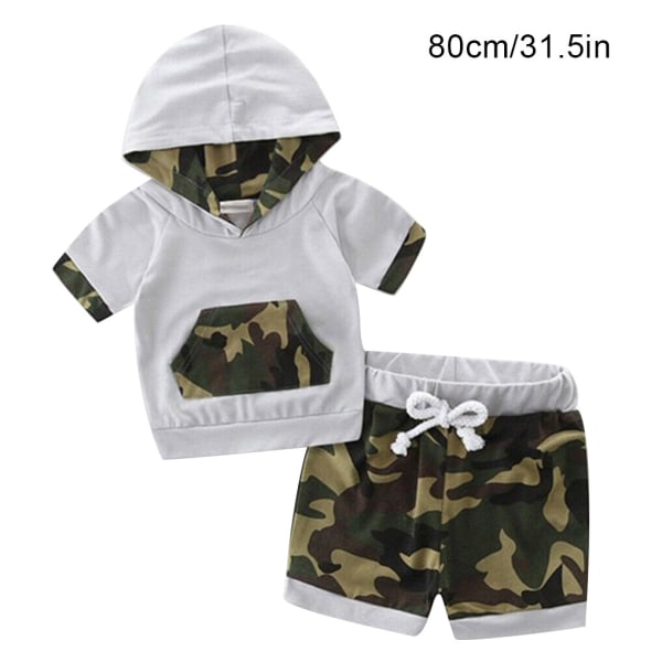 2 stk Boy Top Shorts Outfit Børne Camouflage Hoodie Kortærmet H 80cm