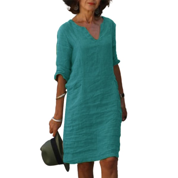 Dame V-hals Tunika Midi-kjole 3/4-ermet T-skjortekjoler zy Green XL