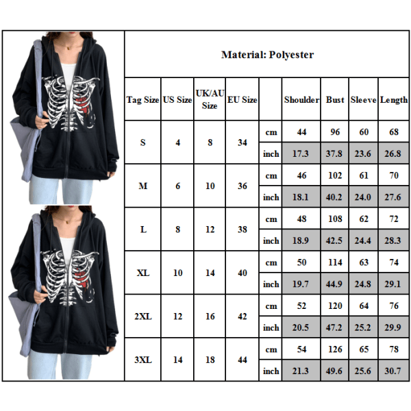 Unisex hættetrøjer Oversized Rhinestone Skeleton Hættetrøje Sweatshirt - M