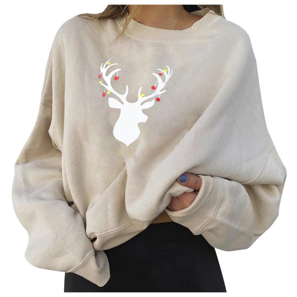 Ladie Casual Christmas Elk Print -pusero pitkähihainen - Apricot 2XL