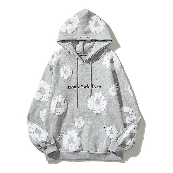 Retro Foam Kapok Print Brev Broderi Pullover Huvtröjor Streetwear för män och kvinnor Oversize fleece huvtröjor CNMR Gray Asian XL