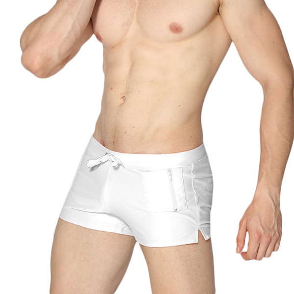 Badkläder för män boxer Enfärgad dragsko Beach Snabbtorka badbyxor . White 2XL