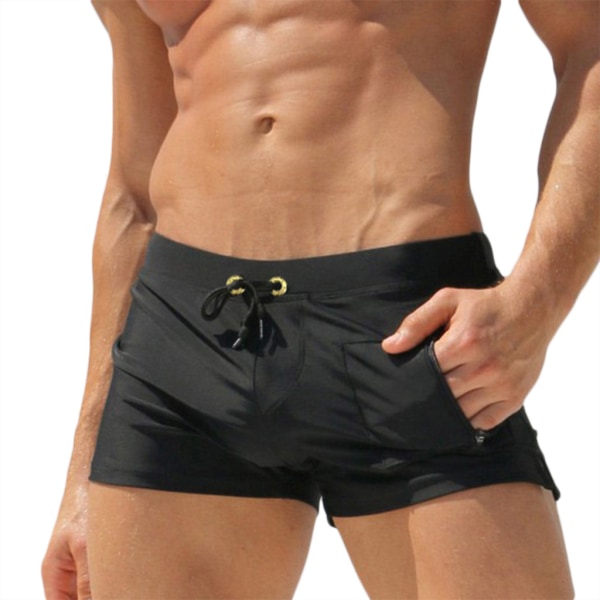Badkläder för män boxer Enfärgad dragsko Beach Snabbtorka badbyxor . Black M