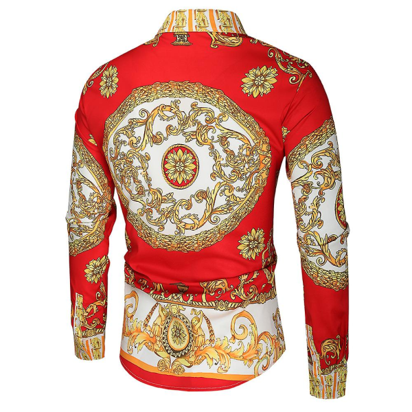 Herre Royal Shirt Print Lapel Luxury Slim Shirt Business Langærmede Fit Overdele Til Prom CNMR - Red 2XL