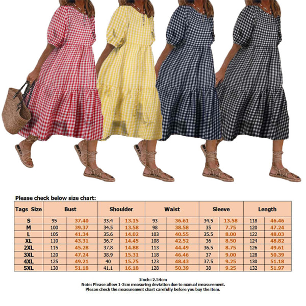 Kvinder sommer plaid puffy kortærmet midikjole Y Red,5XL