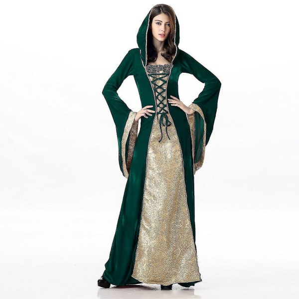 Middelalderkjole for kvinner Renessansekjole Irsk bonde vintage fløyelseventyr gotisk ballkjole Blonder utsvingt langermet Halloween-kostyme CNMR green S