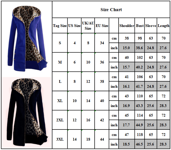 Vinter Kvinnor Hooded Thickened Plus Fleece Leopard Sweater Jacka Y Blue M