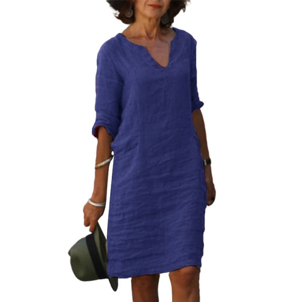 Dame V-hals Tunika Midi-kjole 3/4-ermet T-skjortekjoler zy Dark Blue XXL