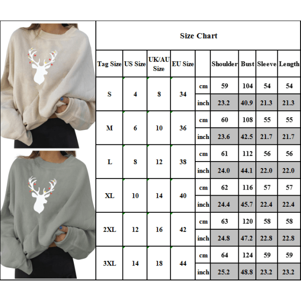 Ladie Casual Christmas Elk Print -pusero pitkähihainen - White 3XL