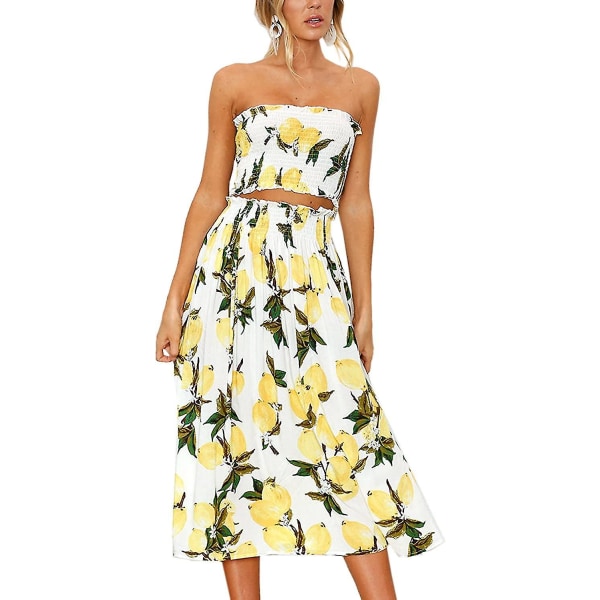 Blomsterbluse til kvinder, Maxi-nederdeldragtskjole. Lemon Large